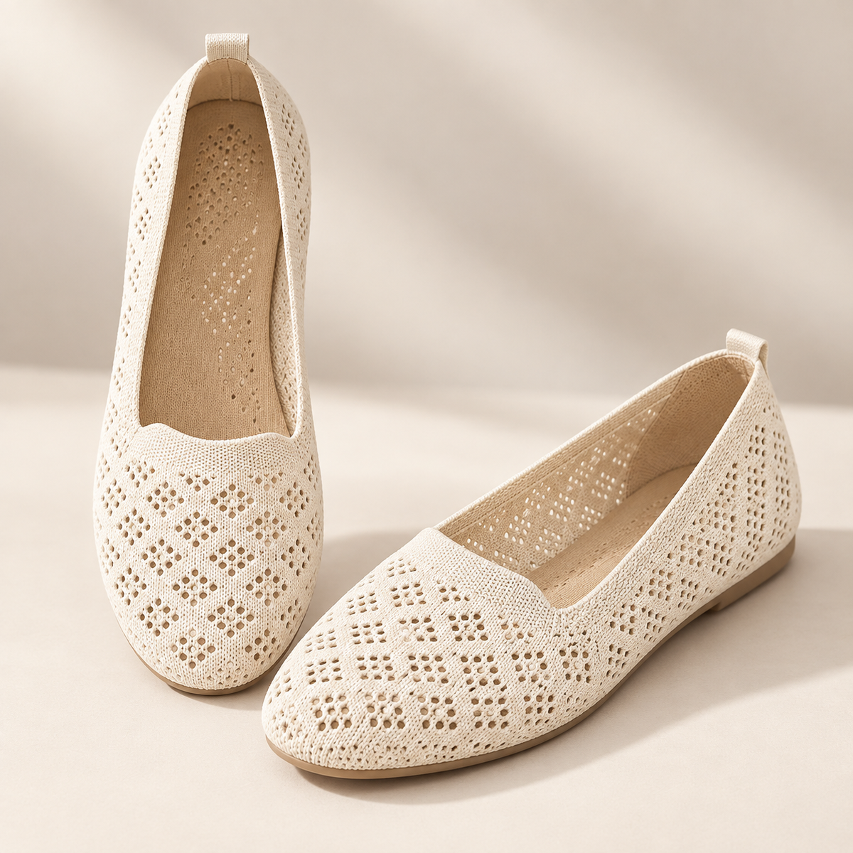 Women's Hollow-Out Knit Sneakers – Round Toe Wide Flat, Breathable Textile Upper, Rubber Sole, All-Season Casual Shoes