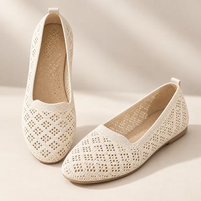 Women's Hollow-Out Knit Sneakers – Round Toe Wide Flat, Breathable Textile Upper, Rubber Sole, All-Season Casual Shoes