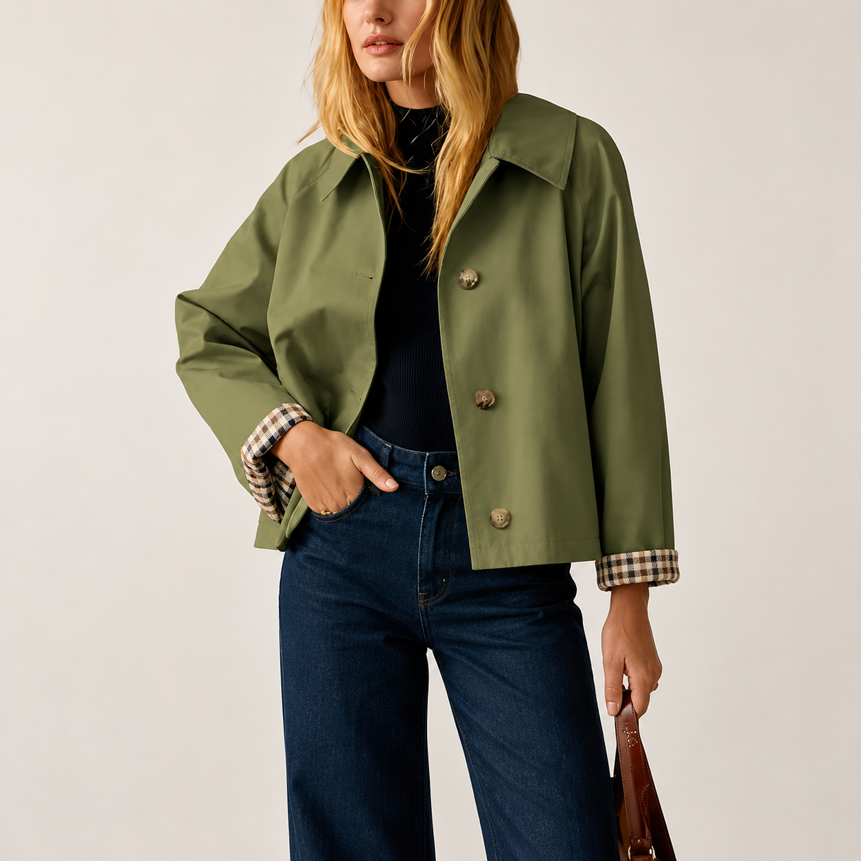 Women’s Cropped Trench Coat – Oversized Casual Jacket with Plaid Lining