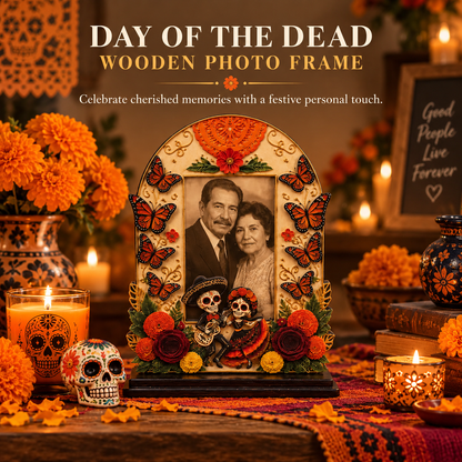 Day of the Dead Wooden Photo Frame – Día de los Muertos Decorative Frame for Altar, Shelf & Tabletop Display