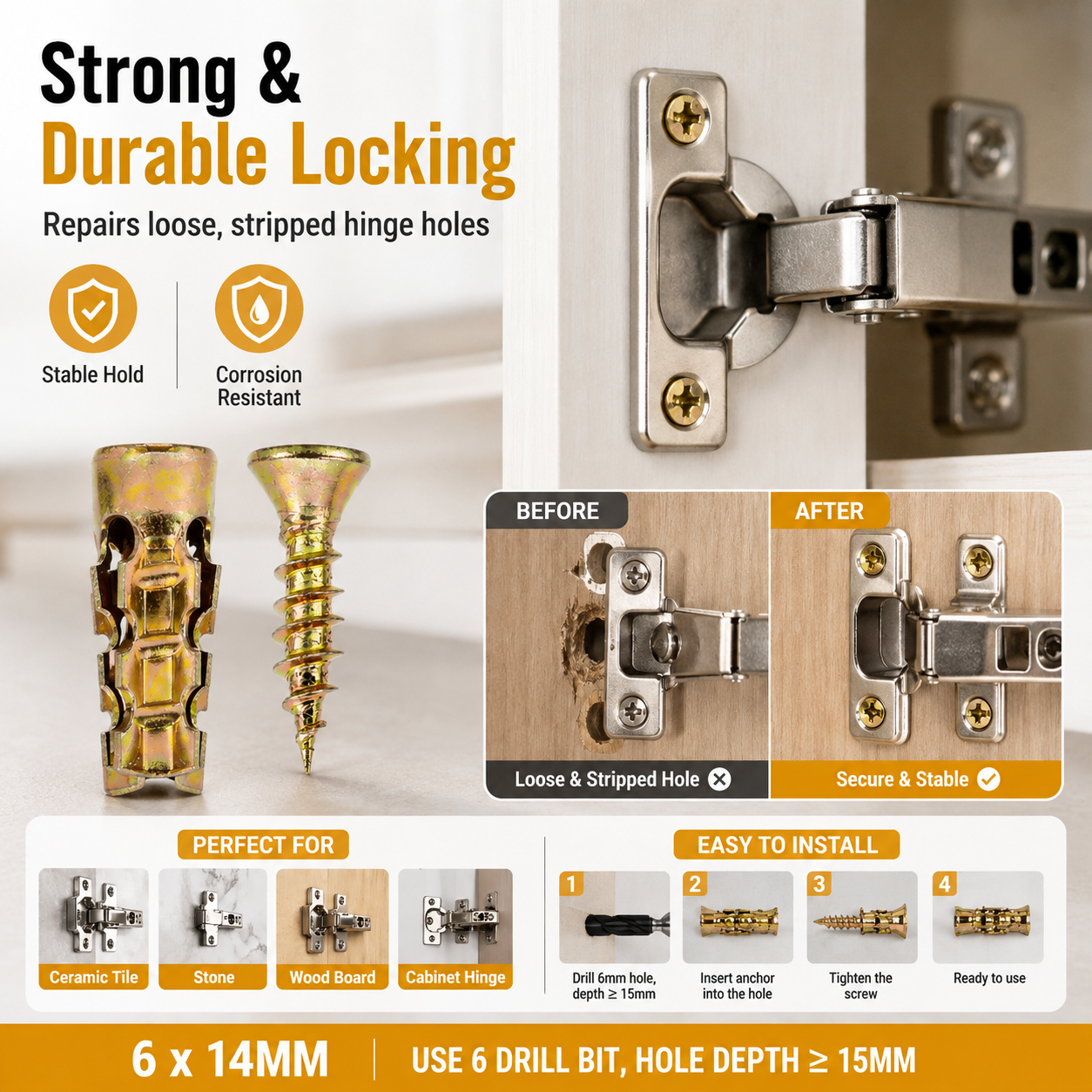 🔩 6×14mm Short Expansion Screw Set for Cabinet Hinge Repair & Stripped Thread Restoration