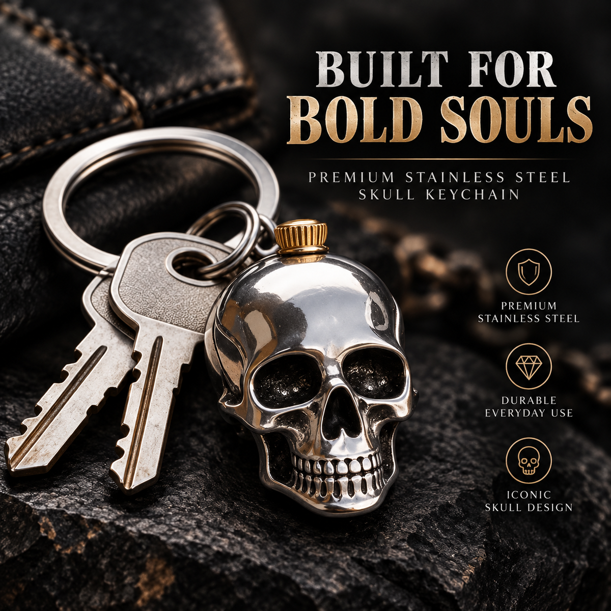 🔑 Heavy-Duty Stainless Steel Skull Keychain – Gothic Punk EDC Accessory, Durable Gift for Bikers-3 Pack