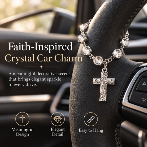 ✨ Faith Crystal Cross Charm – Silver Beaded Steering Wheel Ornament, Spiritual Blessing for Drivers & Auto Interior