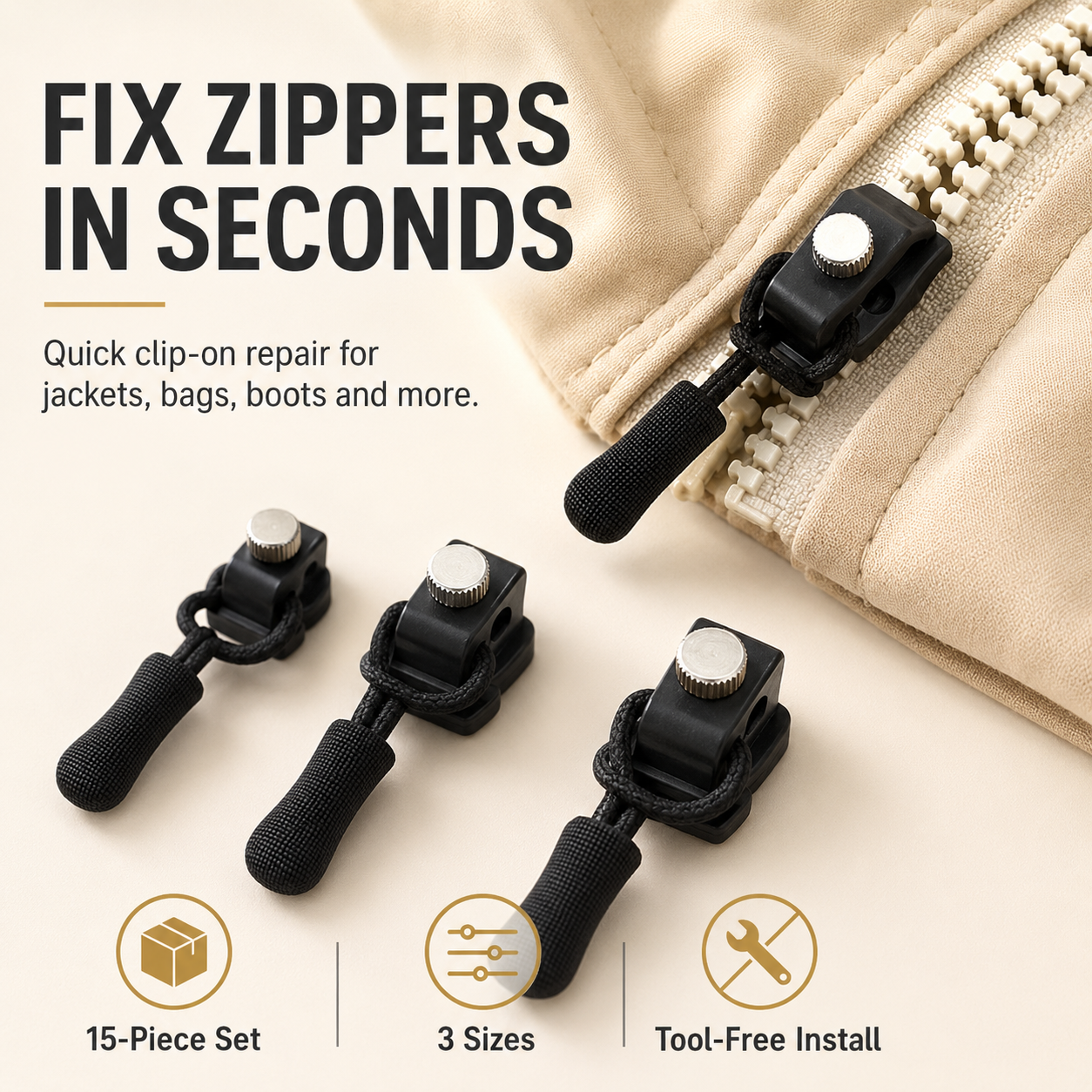 Zipper Fix Kit – 15-Piece Detachable Sliders, 3 Sizes for Clothes, Bags & Shoes, Tool-Free Replacement