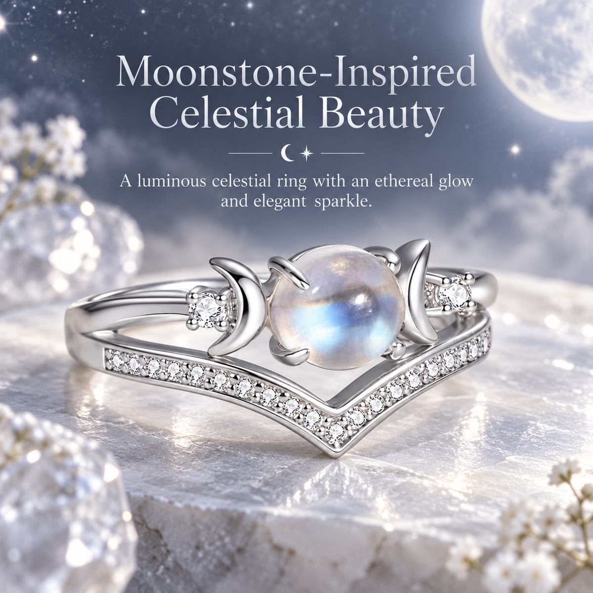 ✨ Natural Moonstone Stackable Rings – Triple Moon Goddess Design, Lead-Free Copper, Hypoallergenic Boho Set for Emotional Calm