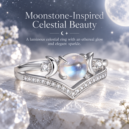 ✨ Natural Moonstone Stackable Rings – Triple Moon Goddess Design, Lead-Free Copper, Hypoallergenic Boho Set for Emotional Calm