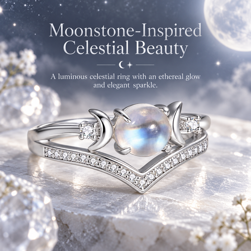 ✨ Natural Moonstone Stackable Rings – Triple Moon Goddess Design, Lead-Free Copper, Hypoallergenic Boho Set for Emotional Calm