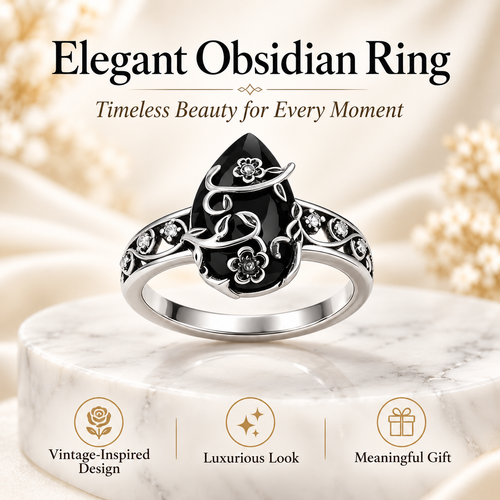 💍 Retro Floral Silver Ring – 925 Sterling Silver with Synthetic Obsidian Stone