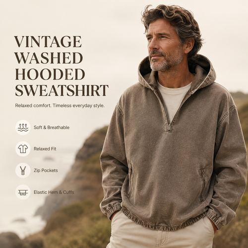 🧥 Men's 80s90s Washed Hooded Sweatshirt – Loose V-Neck Half-Zip Denim Jacket with Zip Pockets & Elastic Cuffs for Fall Winter Spring
