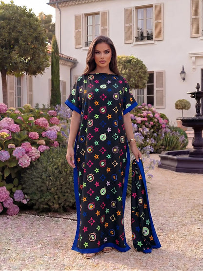 ✨ Women's Elegant Geometric Print Robe Set – Long Dress & Scarf Shawl, Satin Silk Beach Cover-Up 🌊