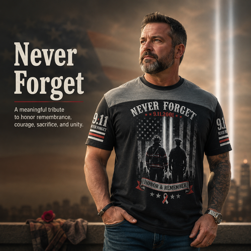 9/11 Memorial Tribute T-Shirt – Twin Towers, Eagle and American Flag Design