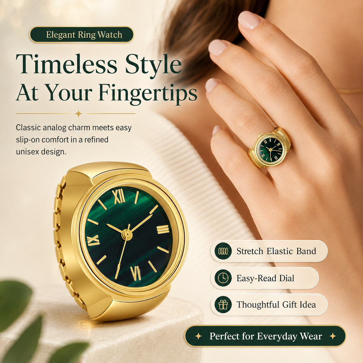 Gold-Tone Ring Watch – Vintage Roman Numeral Dial | Unisex Luxury Novelty Jewelry
