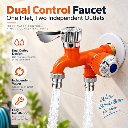 🔧 1-In-2-Out Plastic Water Tap – Dual Independent Control Valves, 3/4" Universal Fit, Leak-Proof Ceramic Core, All-Weather Resistant