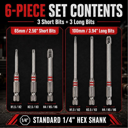 Screwdriver Bits Set 6pcs with Magnetic Hex Shank Pagoda-Shaped Design in Multiple Sizes for Electric Drills and Wrenches