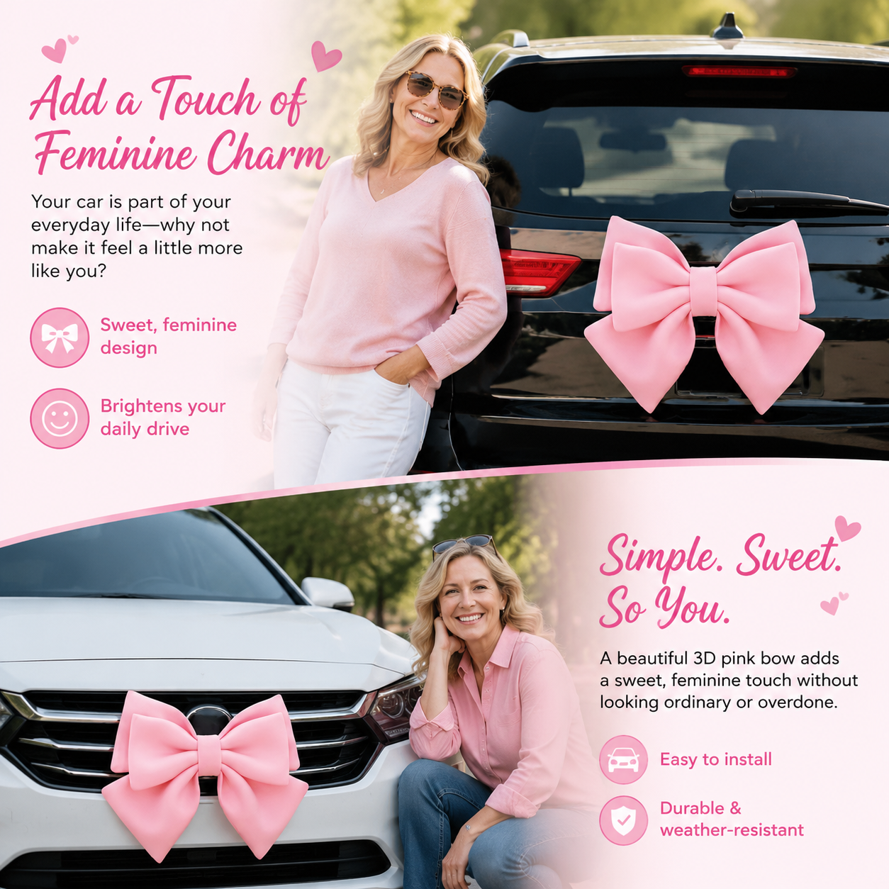 3D Fabric Car Bow – Weatherproof, Strong Adhesive, Feminine Car Decoration for Women Who Love Their Cars