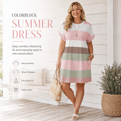 Colorblock Striped Sundress – Short Sleeve Crew Neck Plus Size Summer Dress