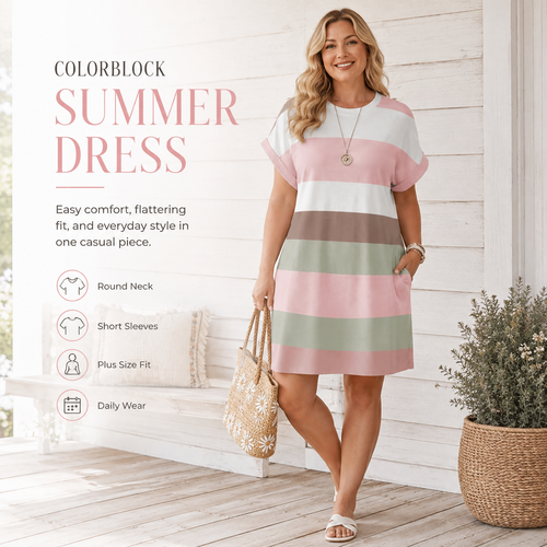 Colorblock Striped Sundress – Short Sleeve Crew Neck Plus Size Summer Dress