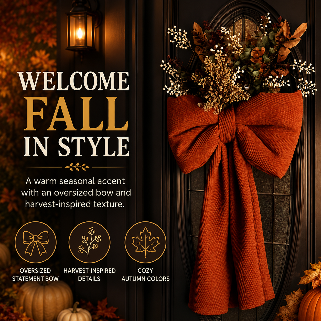 🍂 Oversized Autumn Door Swag – Warm Fall Welcome with Floral Bow & Rustic Porch Charm 🧡✨