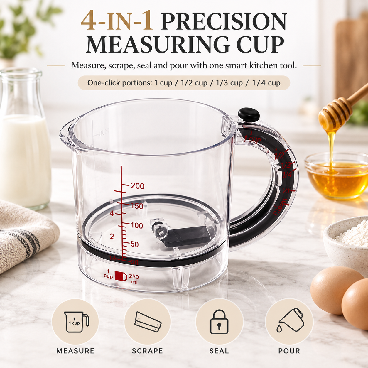 4-in-1 Push-Bottom Measuring Cup – Adjustable Dual Scale (ml/oz), Scraper Seal, Dishwasher Safe, Replaces 4 Cups