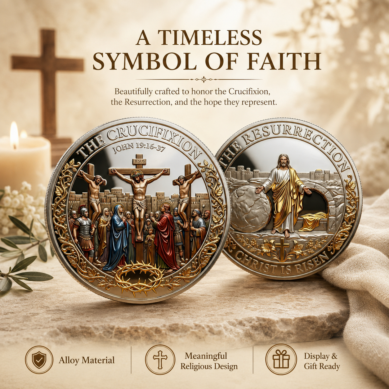 Cross & Resurrection Memorial Coin – Alloy Relief Keepsake for Faith and Remembrance