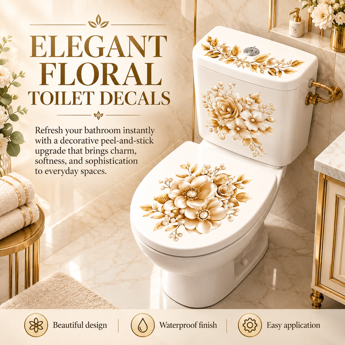 3-Piece Floral Bathroom Sticker Set – Peel & Stick PVC Decals, Waterproof Matte Finish, Instant Toilet & Wall Decor