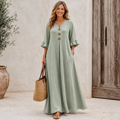 🌾 Women's Boho V-Neck Dress – Loose-Fit A-Line with Wooden Buttons & Ruffle Sleeves, Fall & Winter Casual Wear 🍂✨