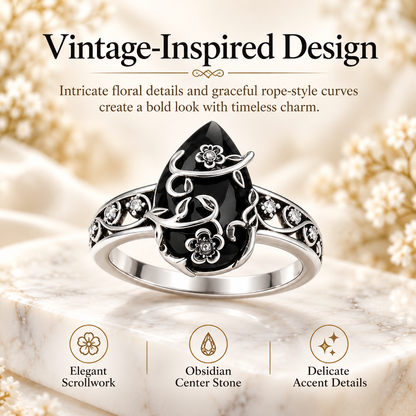 💍 Retro Floral Silver Ring – 925 Sterling Silver with Synthetic Obsidian Stone