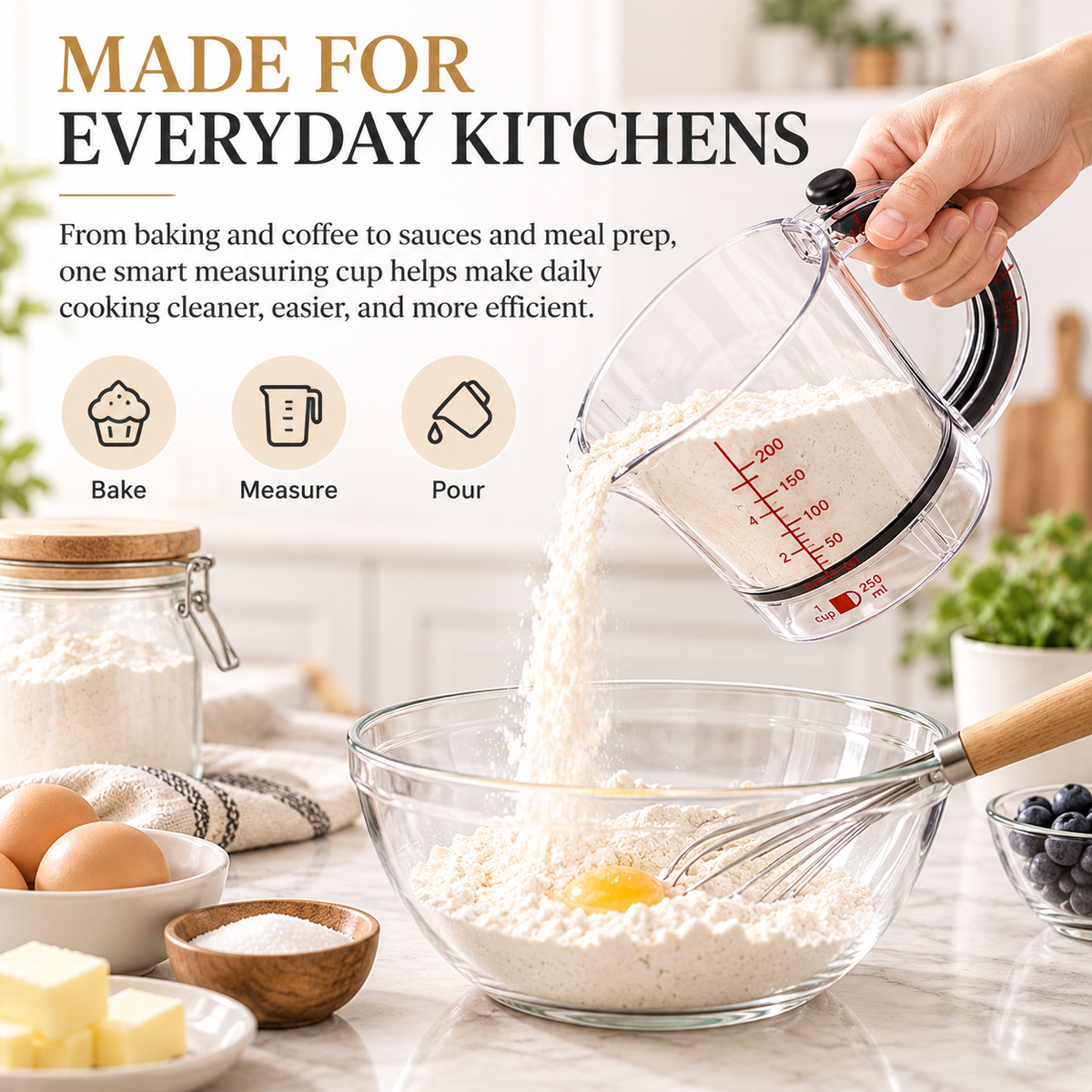 4-in-1 Push-Bottom Measuring Cup – Adjustable Dual Scale (ml/oz), Scraper Seal, Dishwasher Safe, Replaces 4 Cups