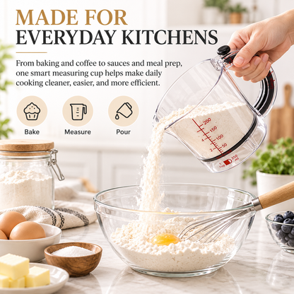 4-in-1 Push-Bottom Measuring Cup – Adjustable Dual Scale (ml/oz), Scraper Seal, Dishwasher Safe, Replaces 4 Cups