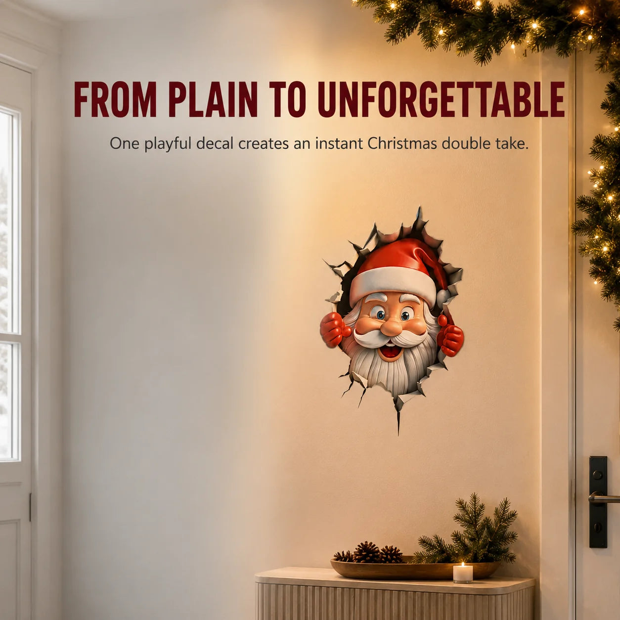 3D Santa Claus Wall Sticker – Peel & Stick Christmas Decal, No Damage, Reusable