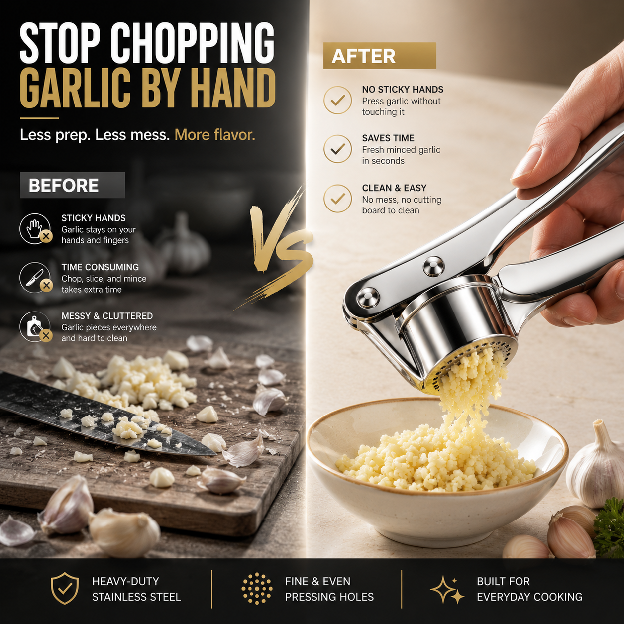 🧄 Heavy-Duty Stainless Steel Garlic Press – Fresh Minced Garlic in Seconds