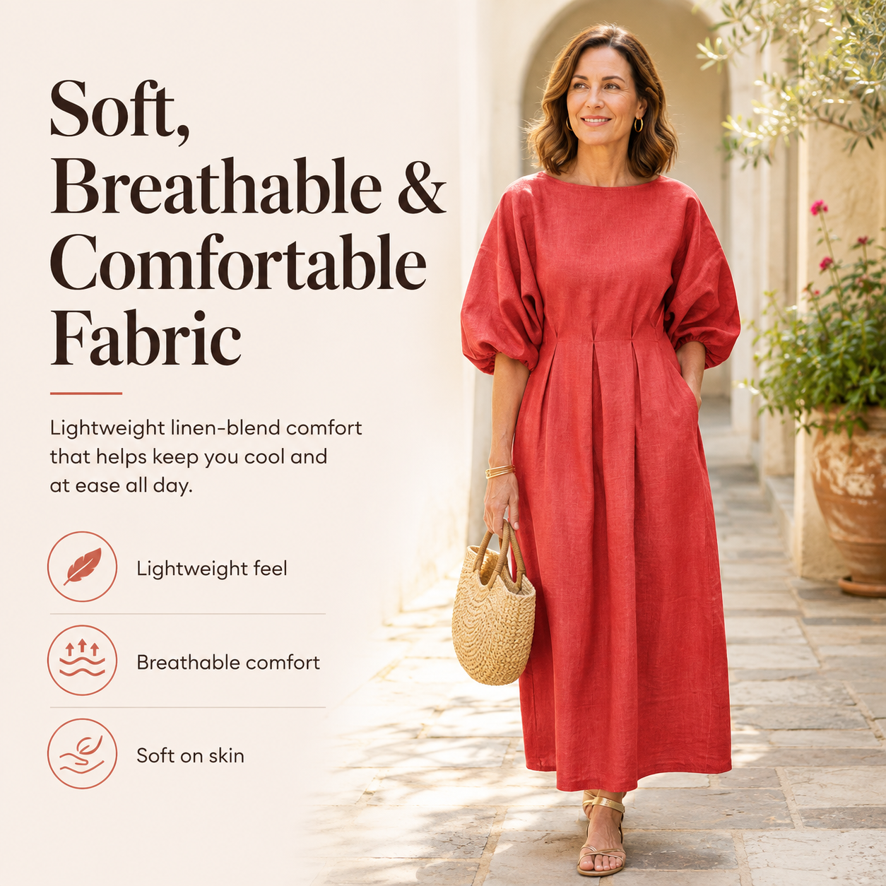 Women's Elegant Linen Maxi Dress | Relaxed Half Sleeve Summer Dress with Pockets, Soft Breathable Fabric for Everyday Casual Comfort & Timeless Style