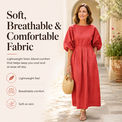 Women's Elegant Linen Maxi Dress | Relaxed Half Sleeve Summer Dress with Pockets, Soft Breathable Fabric for Everyday Casual Comfort & Timeless Style