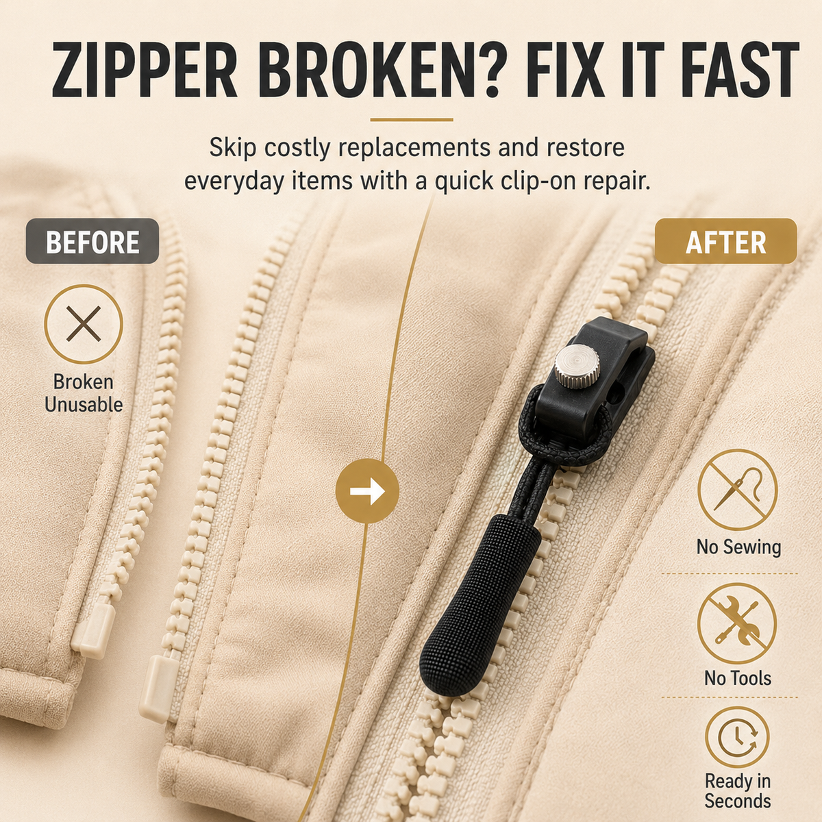Zipper Fix Kit – 15-Piece Detachable Sliders, 3 Sizes for Clothes, Bags & Shoes, Tool-Free Replacement
