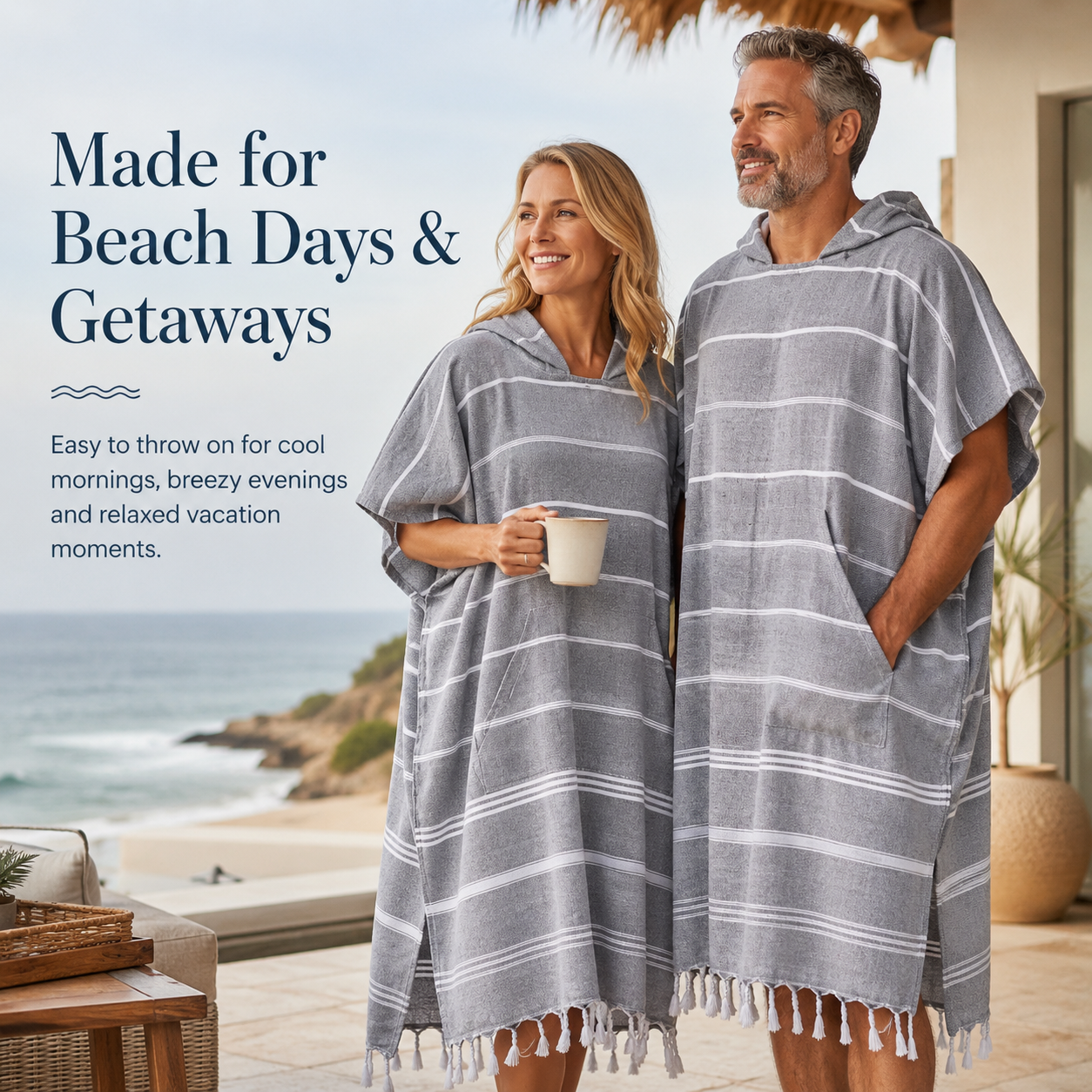 🌊 Striped Cotton Hooded Beach Poncho – Lightweight, Quick-Dry Comfort with Side Pockets