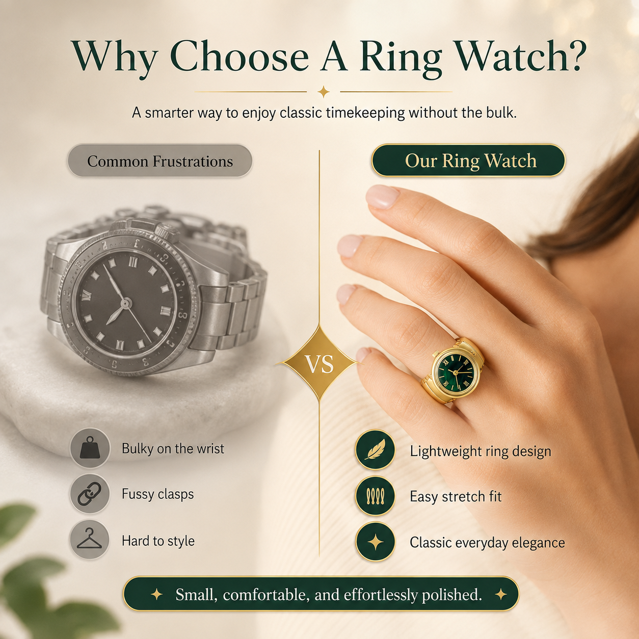 Gold-Tone Ring Watch – Vintage Roman Numeral Dial | Unisex Luxury Novelty Jewelry