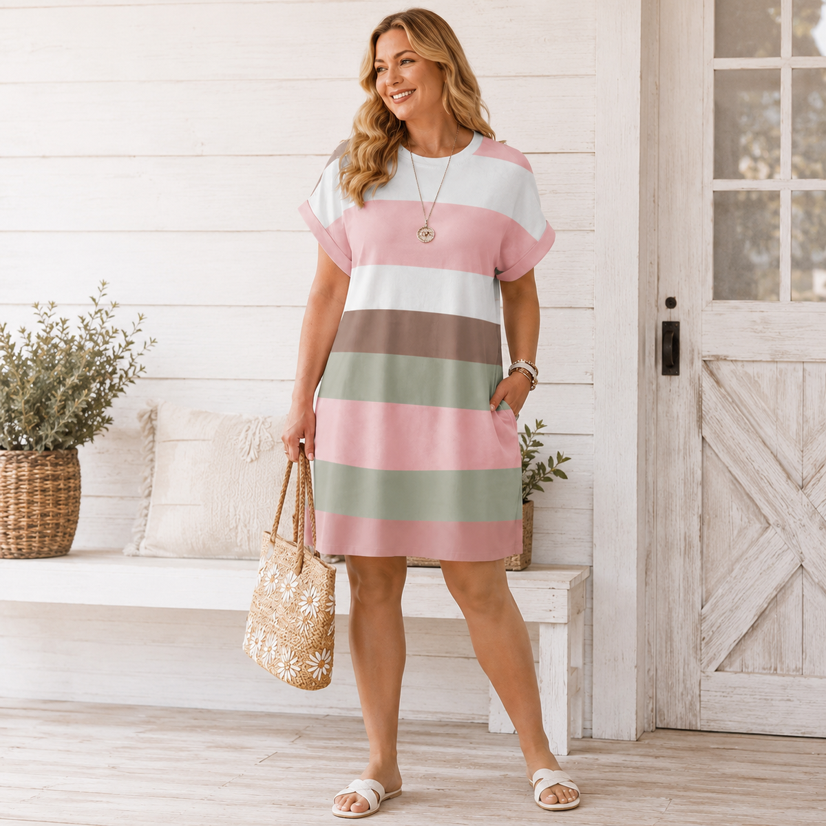 Colorblock Striped Sundress – Short Sleeve Crew Neck Plus Size Summer Dress