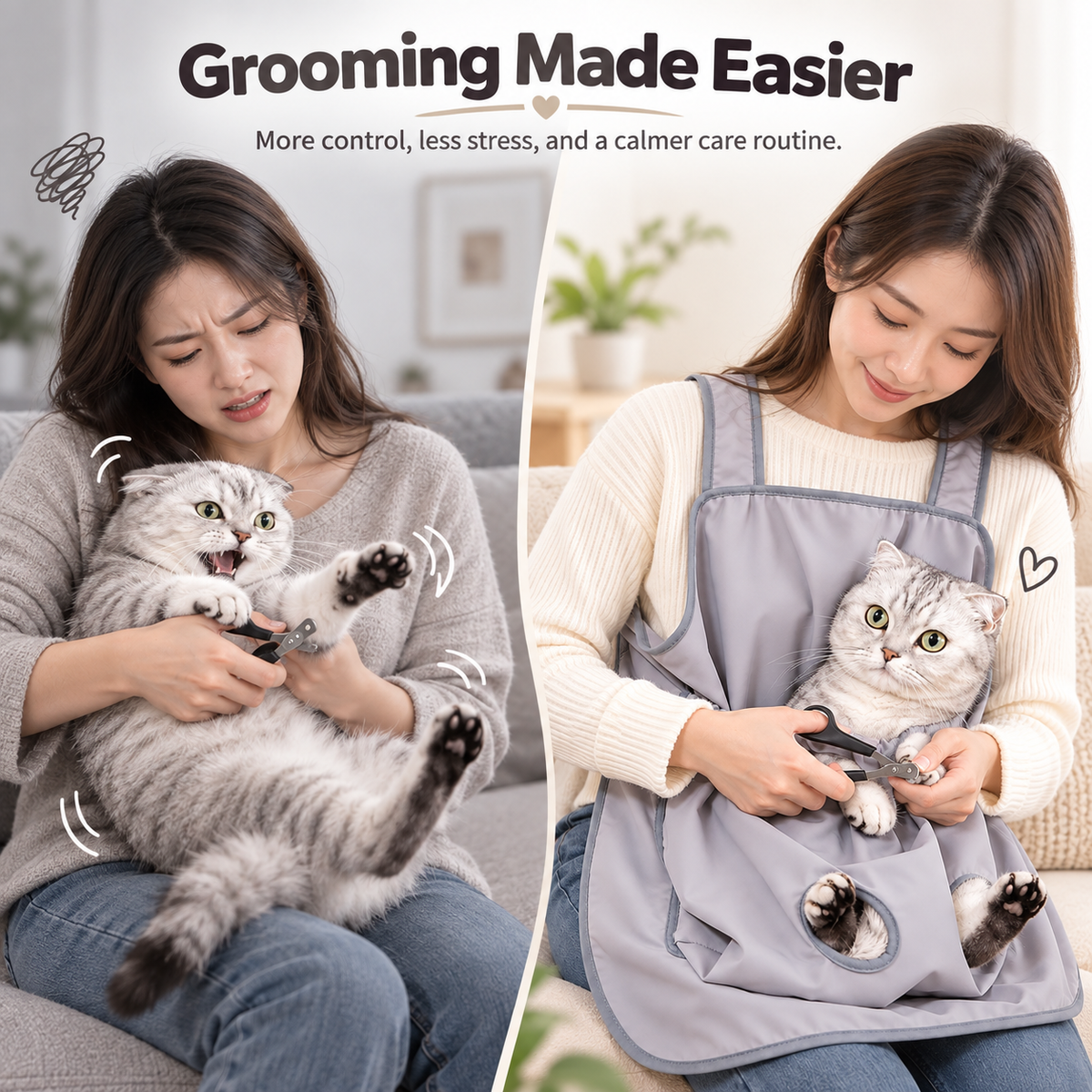 ✂️ Adjustable Pet Cuddling Apron – Anti-Scratch, Hair-Resistant, Leg Holes for Grooming, Feeding & Nail Trimming