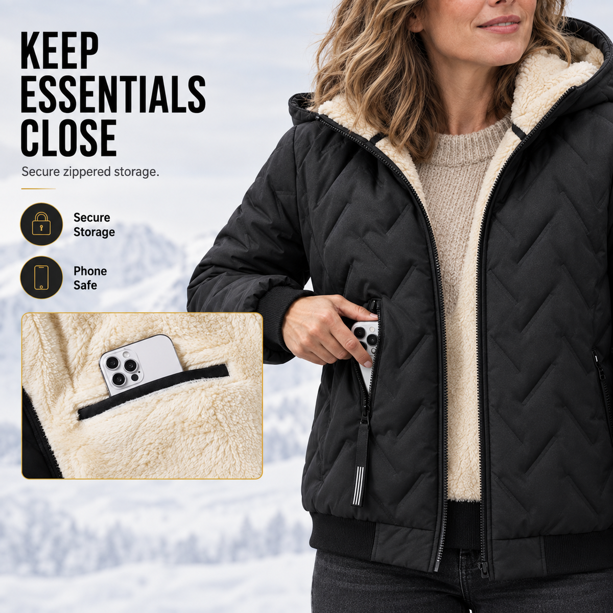 Women's Wool-Lined Hooded Winter Jacket – Cozy Plush Lining, Zip Pockets, Relaxed Fit for Cold Weather
