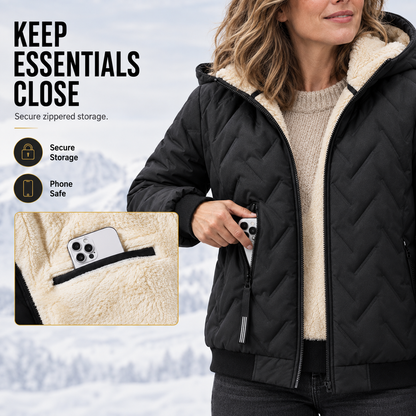 Women's Wool-Lined Hooded Winter Jacket – Cozy Plush Lining, Zip Pockets, Relaxed Fit for Cold Weather