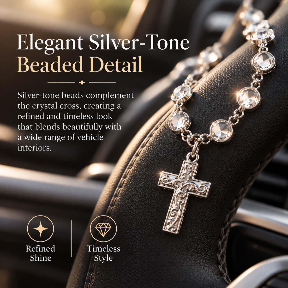 ✨ Faith Crystal Cross Charm – Silver Beaded Steering Wheel Ornament, Spiritual Blessing for Drivers & Auto Interior