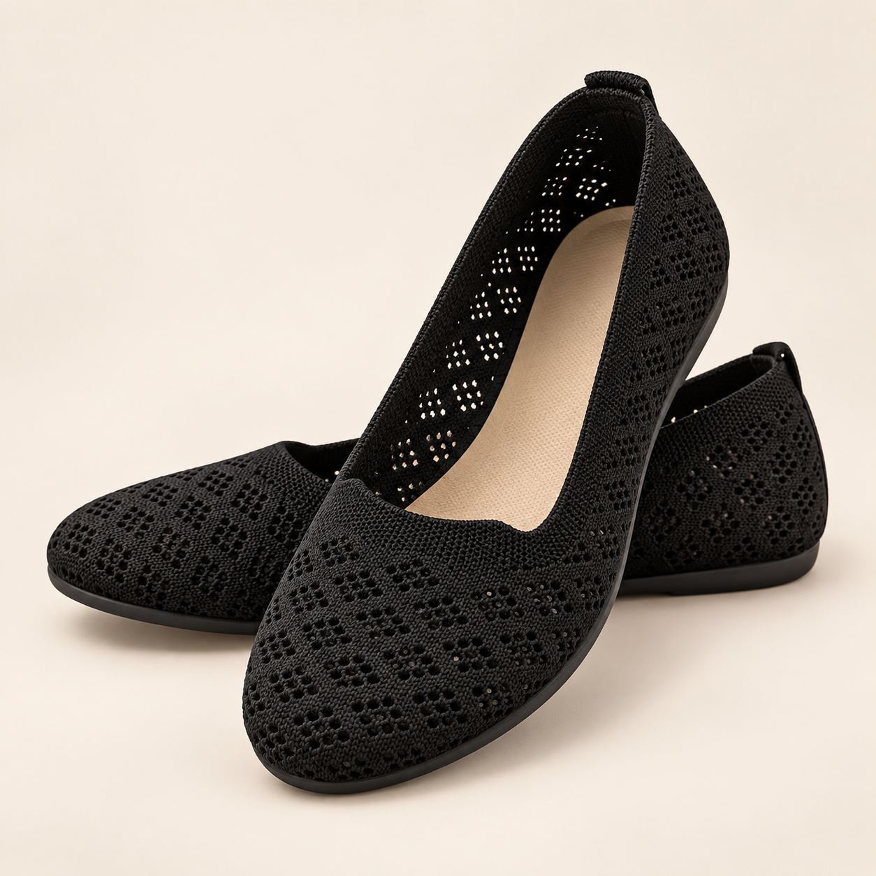 Women's Hollow-Out Knit Sneakers – Round Toe Wide Flat, Breathable Textile Upper, Rubber Sole, All-Season Casual Shoes