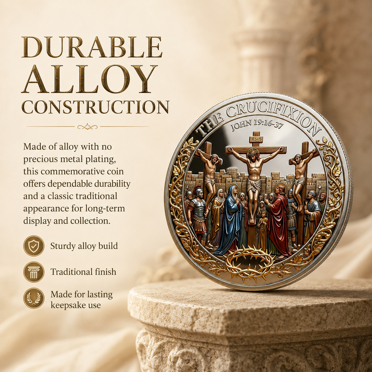Cross & Resurrection Memorial Coin – Alloy Relief Keepsake for Faith and Remembrance