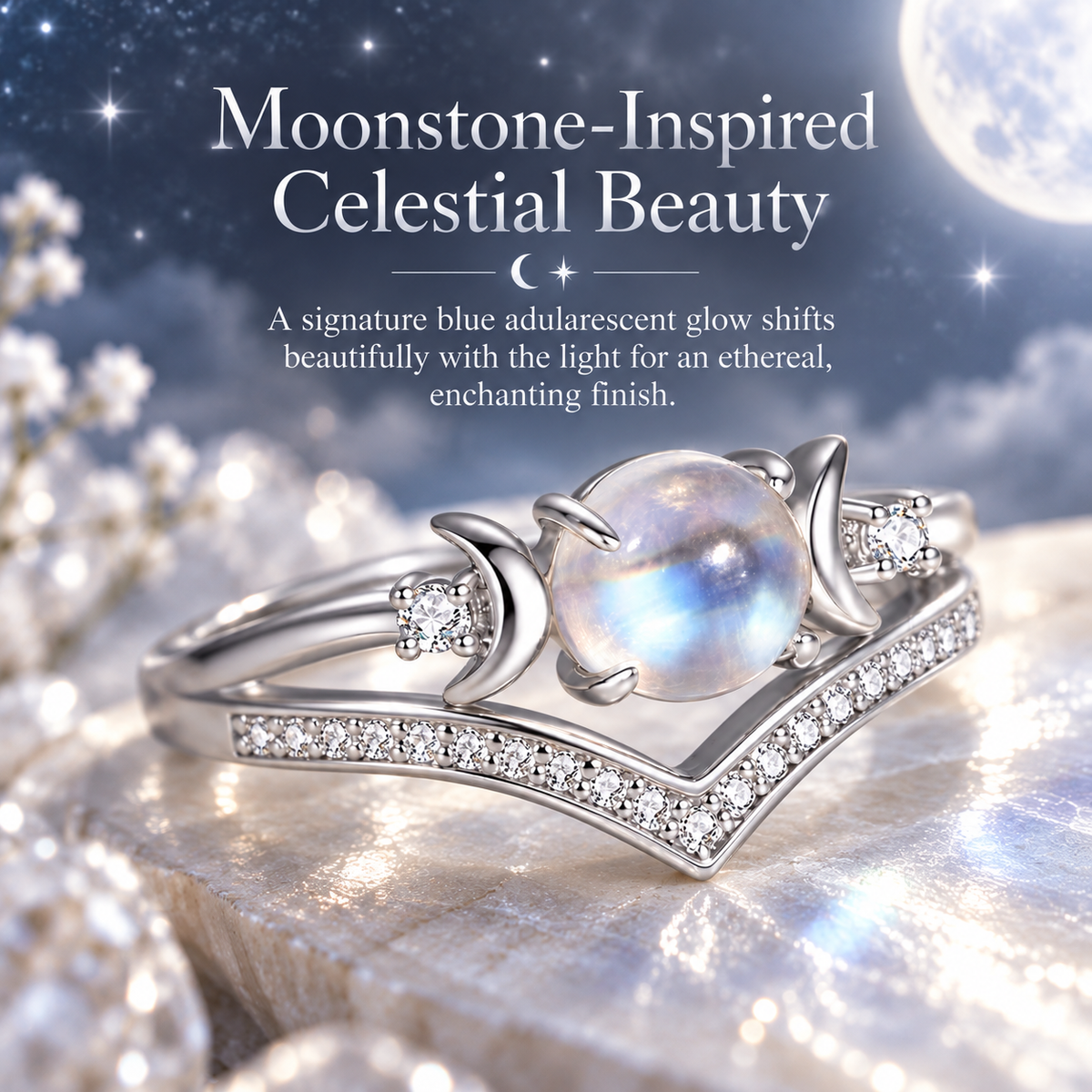 ✨ Natural Moonstone Stackable Rings – Triple Moon Goddess Design, Lead-Free Copper, Hypoallergenic Boho Set for Emotional Calm