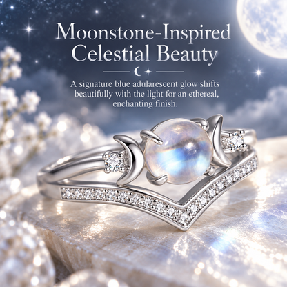 ✨ Natural Moonstone Stackable Rings – Triple Moon Goddess Design, Lead-Free Copper, Hypoallergenic Boho Set for Emotional Calm