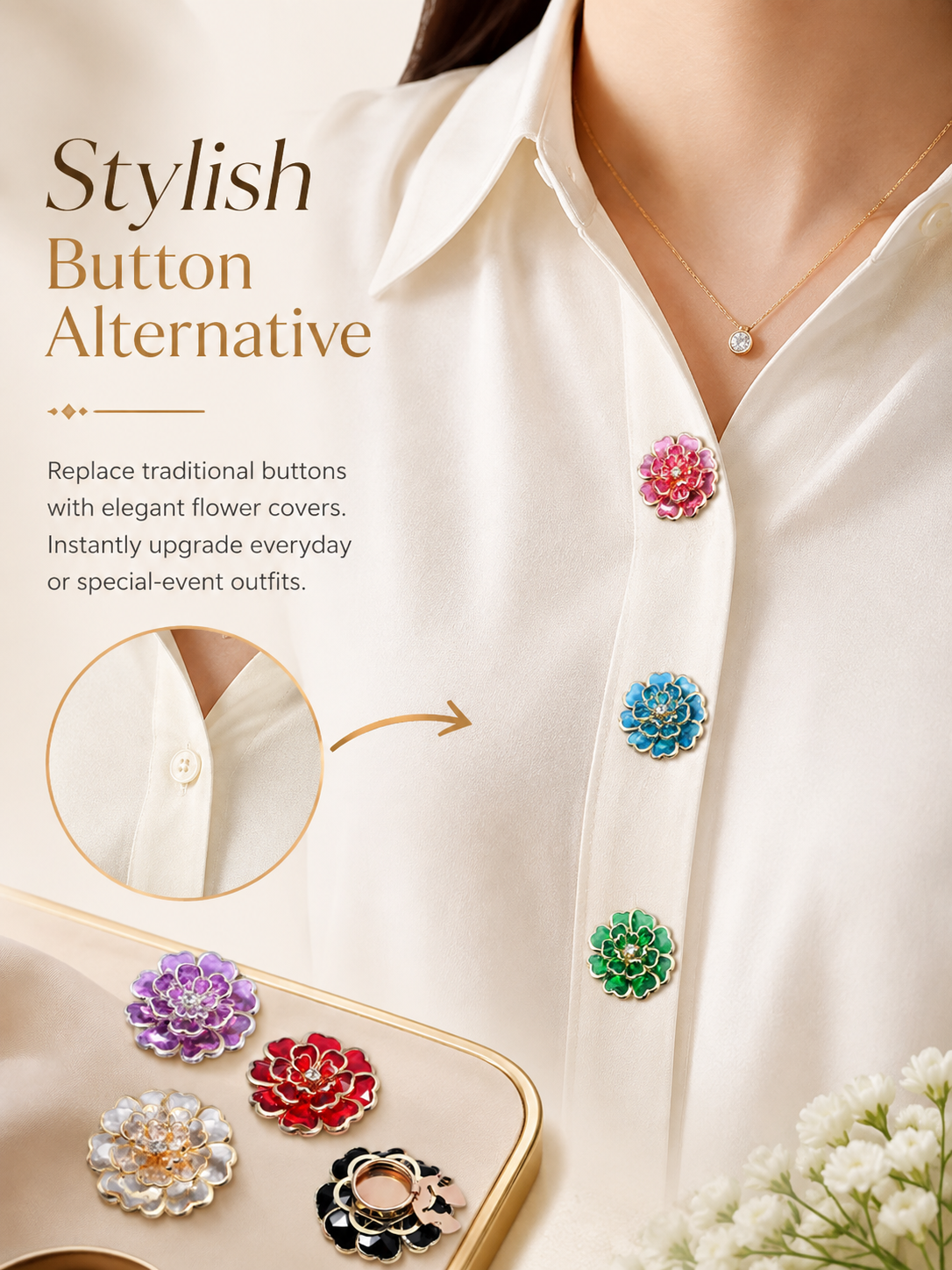 Rhinestone Camellia Button Covers – Snap-On Sparkle for Every Blouse