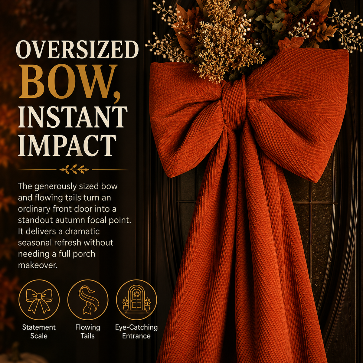 🍂 Oversized Autumn Door Swag – Warm Fall Welcome with Floral Bow & Rustic Porch Charm 🧡✨