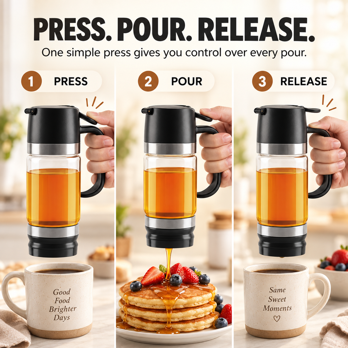 🍯 12oz No-Drip Honey & Syrup Dispenser – Press-to-Pour Glass Jar with Handle