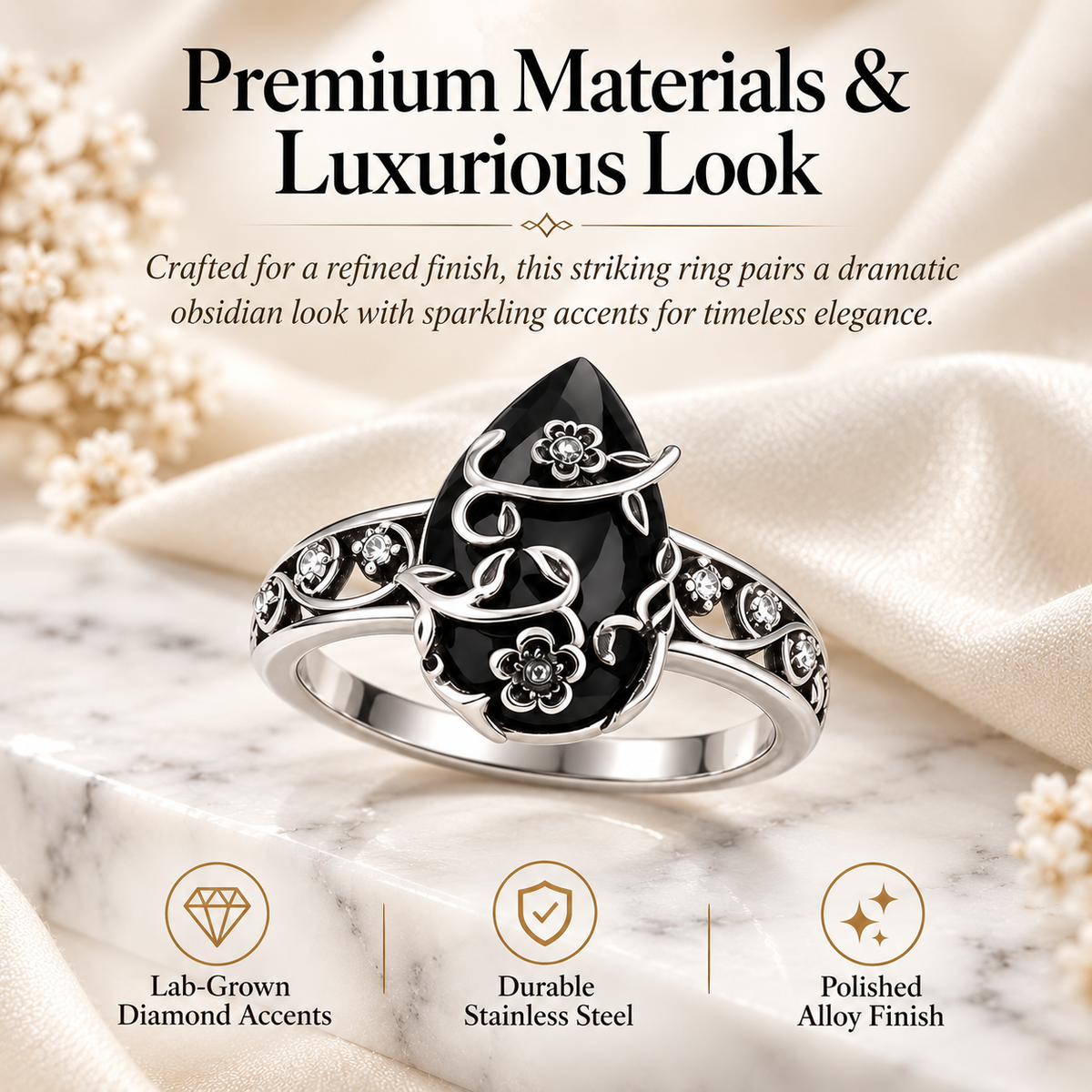 💍 Retro Floral Silver Ring – 925 Sterling Silver with Synthetic Obsidian Stone