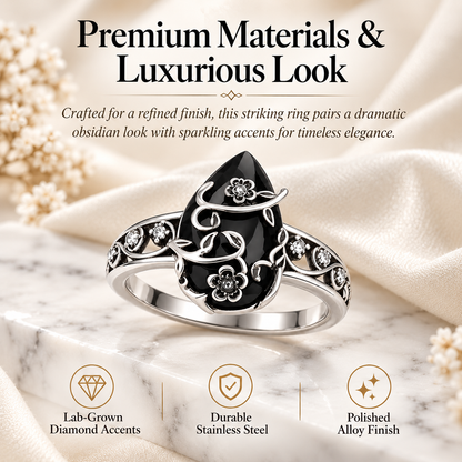 💍 Retro Floral Silver Ring – 925 Sterling Silver with Synthetic Obsidian Stone